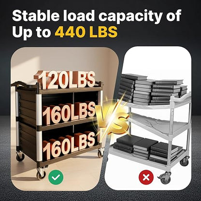 NorthSky Select Dual-Handle Utility Service Cart, 3 Shelves, 440 lb. Capacity -Black Plastic Shelves, Lockable Swivel Casters - Suitable for Hospital, Lab, Hotel, Office Transport & Organizing