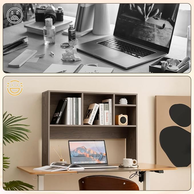 Desk Hutch, Desktop Shelf with 4 Shelves, Desk Bookshelf w/Anti-Toppling Devices, Wood Table Top Bookshelf Organizer, Small Desk Shelf for Study, Office, Dorm (Grey, 4 Shelves)