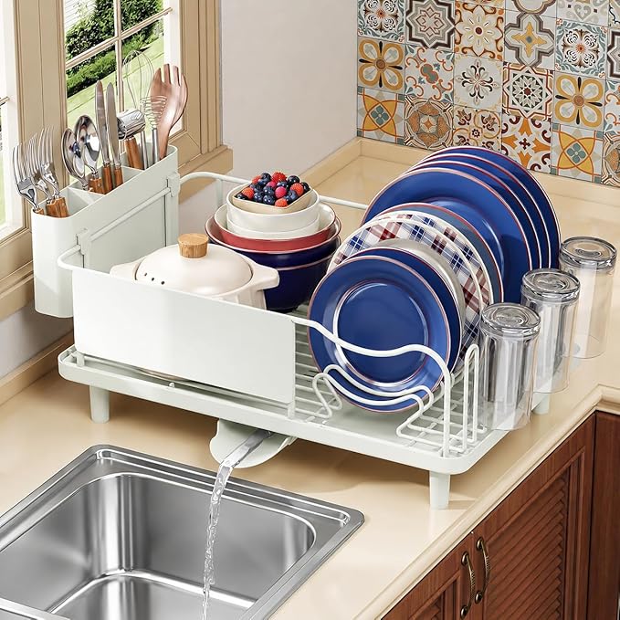 Dish Drying Rack Large Capacity - Stainless Steel Dish Rack for Kitchen Counter with Drain Board, Rustproof Dish Drainer with Auto Drain Spout, Utensil Holder & Glass Holder, Dinnerware Organizer