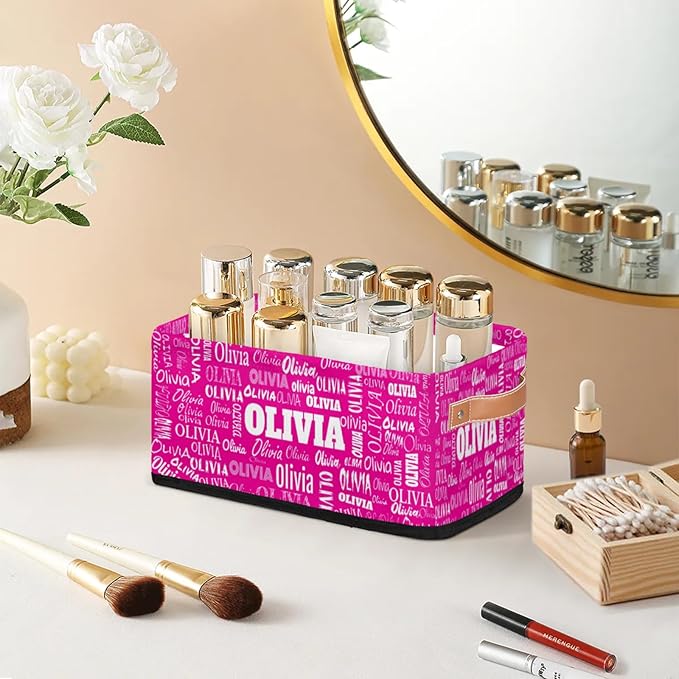 Personalized Name Small Storage Basket with Handles, Hot Pink Canvas Storage Bins Toys Organizer for Bedroom, Kitchen, Bathroom, Nursery, Shelves, Closets