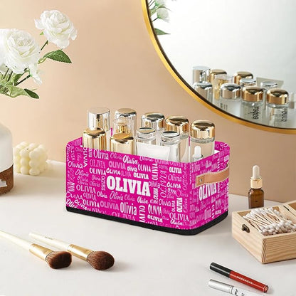 Personalized Name Small Storage Basket with Handles, Hot Pink Canvas Storage Bins Toys Organizer for Bedroom, Kitchen, Bathroom, Nursery, Shelves, Closets