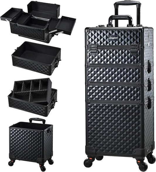 Stagaint Rolling Makeup Case 4 IN 1 Cosmetology Case on Wheels Salon Case | Makeup Organizer Box with Wheels Cosmetic Travel Case Nail Tech Storage Traveling Trunk Box All-Black Diamond