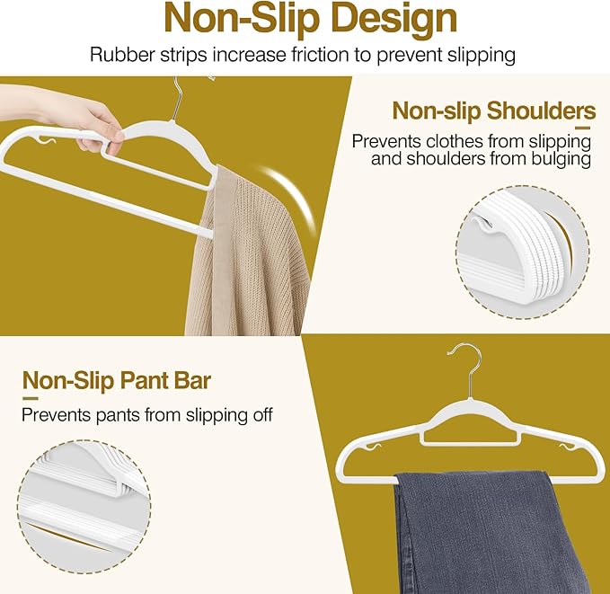 Plastic Hangers 50 Pack, 16.5 in Heavy Duty Clothes Hangers with 360° Swivel Hook, Non-Slip Bar & 0.2" Ultra-Slim Space-Saving Closet Organizers for Coats, Pants, Suits, Shirts, White
