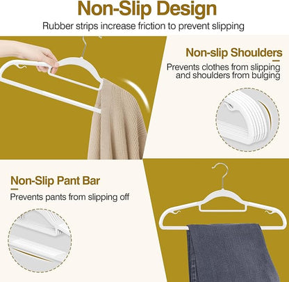 Plastic Hangers 50 Pack, 16.5 in Heavy Duty Clothes Hangers with 360° Swivel Hook, Non-Slip Bar & 0.2" Ultra-Slim Space-Saving Closet Organizers for Coats, Pants, Suits, Shirts, White
