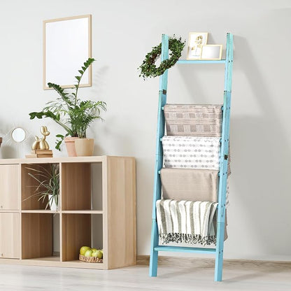 Honest Blanket Ladders for The Living Room, 6-Tier Blanket Holder, Wall-Leaning Blanket Rack, Ladder Shelves, Wooden Quilt Ladder, Farmhouse Decor, Blue