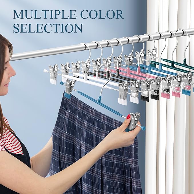 50PACK Pants Hangers with Clips Adjustable Skirt Hangers for Women Metal Non-Slip Trousers Hanger Heavy Duty Space Saving Clothes Hanger for Shorts,Jeans,12Inch,Blue