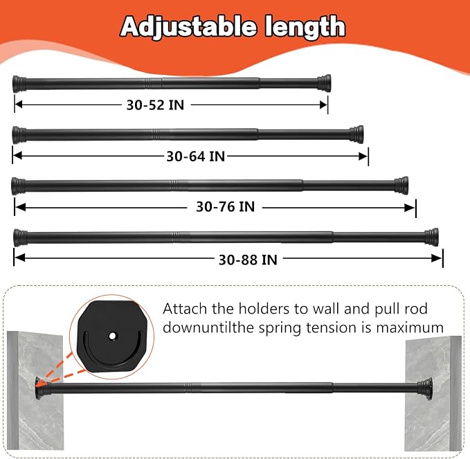 Closet Rod, 30 to 52 Inch Adjustable Closet Rods for Hanging Clothes Heavy Duty Closet Hanging Rod Matte Black Closet Poles for Wardrobes with No Drilling Holder