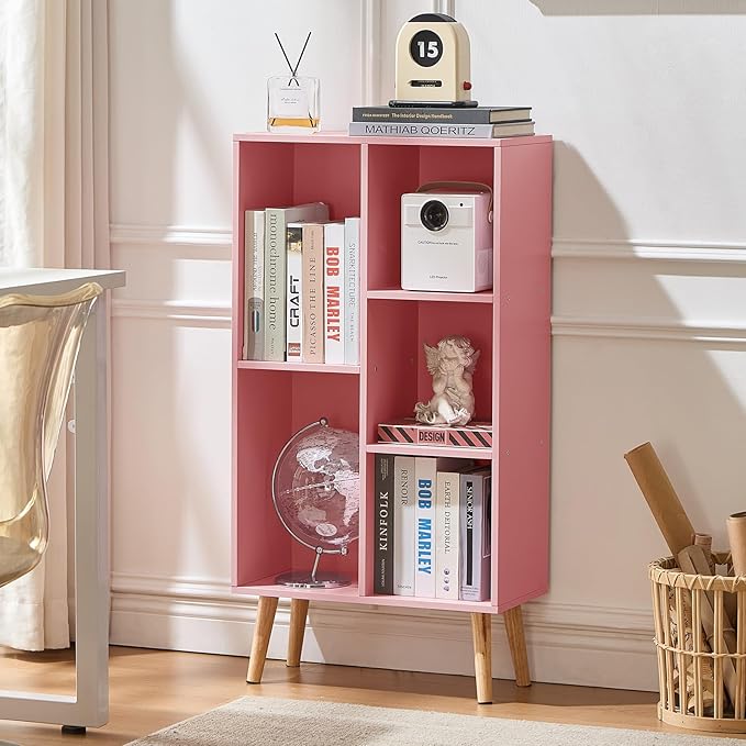 LEYAOYAO 5 Cube Bookshelf 3-Tier Bookcase with Legs,Mint Light Pink Kids Book Shelf Cute Storage Organizer,Free Standing Open Toy Shelves Wood Bookshelves,Display Bookcases for Bedroom,Living Room