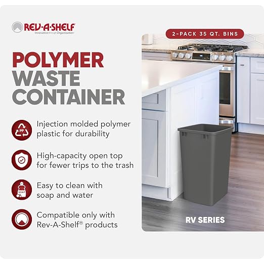 Rev-A-Shelf 2-Pack 35 Quart Polymer Replacement Trash Bin, Recycle Waste Garbage Container for Kitchen Cabinet Pullouts, Gray, RV-35-13-2 - Large Plastic Bins for Home and Office