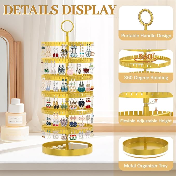 MODOWEY 6 Tier Rotating Earring Holder Organizer Display Tree with Metal Tray, Adjustable Plastic Stand with 342 Slots for Stud Hoop Hanger, Large Capacity Storage Rack for Women Space-Saving, Gold