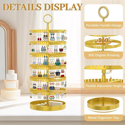 MODOWEY 6 Tier Rotating Earring Holder Organizer Display Tree with Metal Tray, Adjustable Plastic Stand with 342 Slots for Stud Hoop Hanger, Large Capacity Storage Rack for Women Space-Saving, Gold