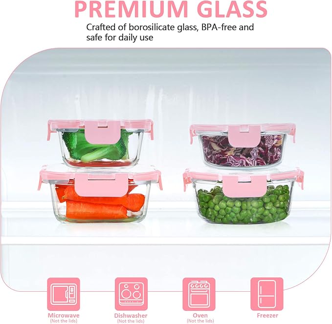 KOMUEE 24 Pieces Glass Food Storage Containers Set, Meal Prep Containers, BPA-Free Airtight Glass Storage Containers with lids,Freezer, Microwave and Oven Safe,Pink