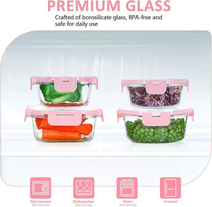 KOMUEE 24 Pieces Glass Food Storage Containers Set, Meal Prep Containers, BPA-Free Airtight Glass Storage Containers with lids,Freezer, Microwave and Oven Safe,Pink