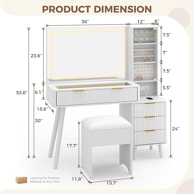 Garvee Vanity Desk with Lighted Mirror, Makeup Vanity with Charging Station, Glass Top Dressing Table with Cushioned Storage Stool for Bedroom, White