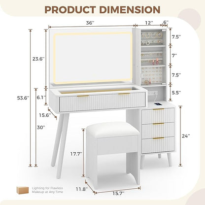 Garvee Vanity Desk with Lighted Mirror, Makeup Vanity with Charging Station, Glass Top Dressing Table with Cushioned Storage Stool for Bedroom, White