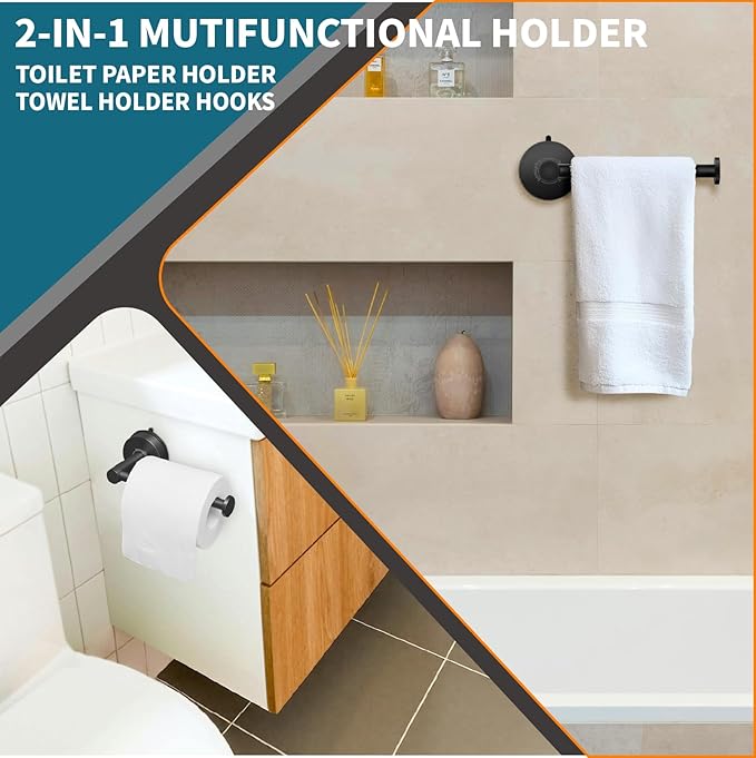 No-Drill Toilet Paper Holder Wall Mount - Removable Adhesive Suction Cup, 304 Stainless Steel, Multi-Function Hat Racks & Hand Towel Holder for Bathroom RV, 2 Pack, Matte Black