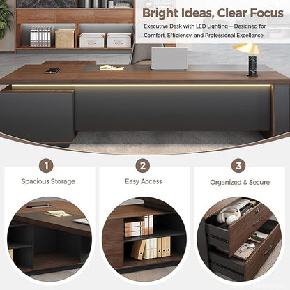 L-Shaped Executive Desk with LED Lights, Lockable Storage & 3-in-1 Charging Station, Reversible Cabinet, Modern Wood Office Desk for CEO, Manager & Home Office(Red Walnut+Black, 71"L*63"W*30"H)