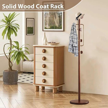 Solid Wooden Coat Rack Stand, Coat Racks Freestanding with 6 Hooks, Natural Birch Wood Coat stands with Sturdy Round Base, Tree Coat Hanger Standing for Entryway Bedroom Office (Tree Design3)