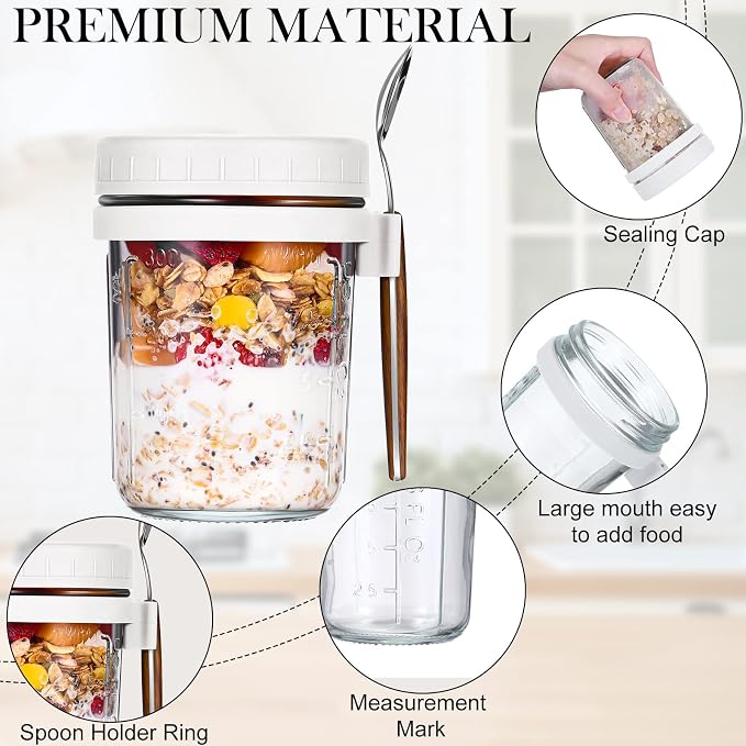 Patelai 8 Pcs 12 oz Overnight Oats Containers with Lids and Spoons Large Capacity Airtight Oatmeal Overnight Oat Jars with Measurement Marks Oatmeal Container for Milk Cereal Fruit (White)