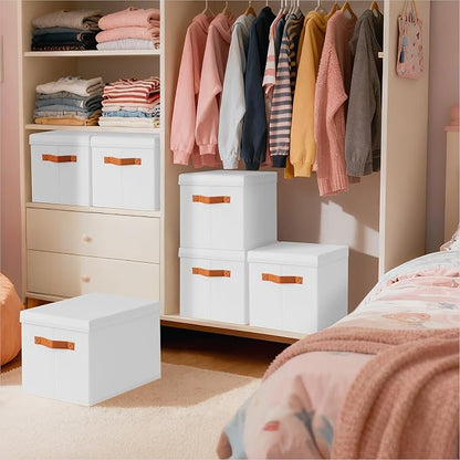 Homsorout Storage Bins with Lids - Large Fabric Closet Bins with Lid, 8 Pack Clothes Organizers and Storage, Collapsible Stackable Cube Basket for Home, Office, Dorm, White