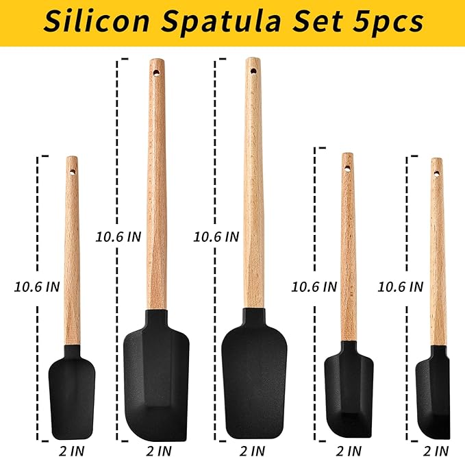 2016 New Year Healthy Cooking, 5 Pieces Silicone Scraper Set - Non-Stick Kitchen Scraper Tools, Heat Resistant up to 600°F, Food Grade Baking Utensils, for Cooking, Stirring, Piping - Black