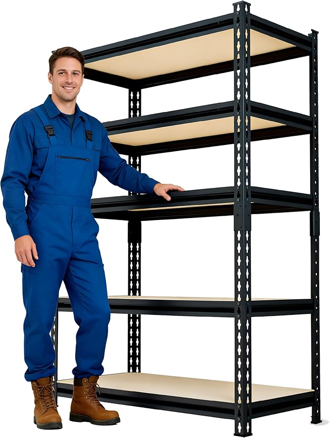 60" H x 28.03" W x 12" D Utility Shelves for Kitchen Pantry: 5-Shelf Storage-Rack Adjustable Metal+Wood Steel Stand Closet/Garage Shelving Unit Organizer System for Basement, Small (Black)