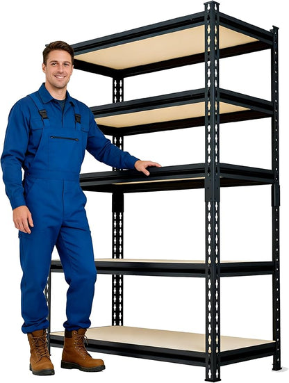 60" H x 28.03" W x 12" D Utility Shelves for Kitchen Pantry: 5-Shelf Storage-Rack Adjustable Metal+Wood Steel Stand Closet/Garage Shelving Unit Organizer System for Basement, Small (Black)