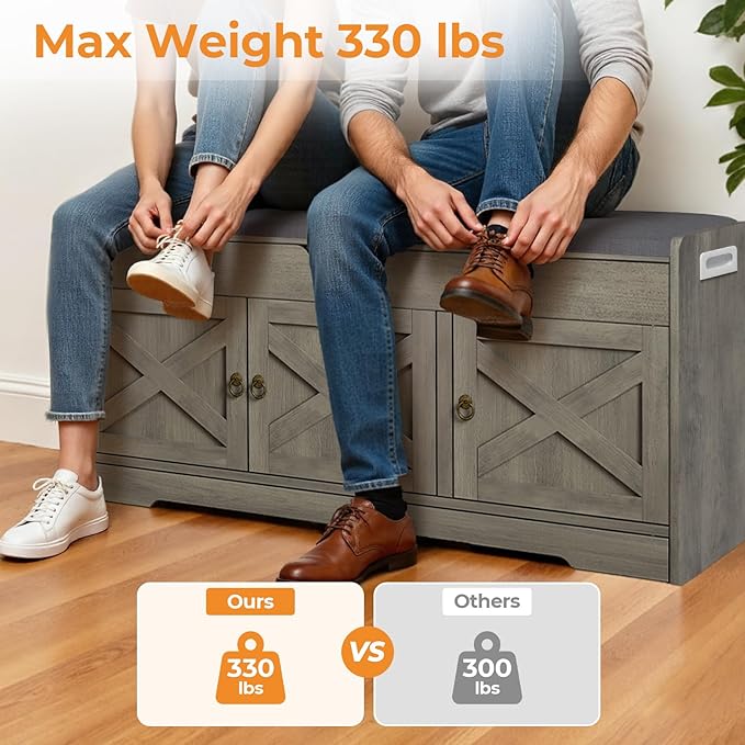Farmhouse Shoe Storage Bench, Entryway Bench with Cushion Seat, Lift Top Storage, Adjustable Shelf, 3 Doors, 330 lbs Capacity, Storage Bench for Entryway, Bedroom, Living Room (Grey)
