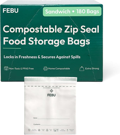 FEBU Sandwich Compostable Food Storage Bags, 180 Count | Certified Home Compostable & Biodegradable | PFAS & BPA Free Zipper Bags | Leak-Proof & Resealable | 6.5"x 5.88”