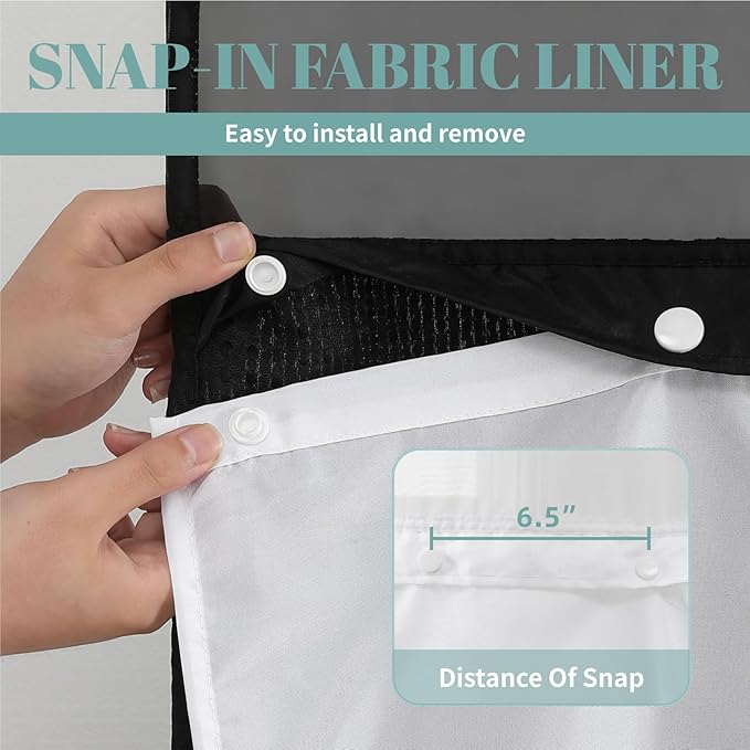 Black No Hook Waffle Weave Shower Curtain with snap-in Liner Replacement, 230GSM Waterproof Fabric Hotel Shower Curtain Set for Bathroom, Through Mesh Top Window,71Wx74H