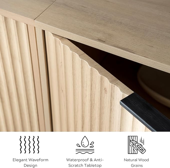 Fluted Storage Cabinet Set of 3, Sideboard Buffet Cabinet Modern Accent Cabinets with Adjustable Shelves, Credenza, Console Table Entryway Cabinets for Living Room, Light Oak