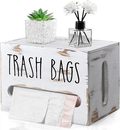DRASTAR Trash Bag Holder, Wooden Stackable Trash bag Dispenser Wall Mount, Large Garbage Bag Dispenser for for 13-gallon Trash Bags Roll Holder, Kitchen Laundry Room Organization, Retro White