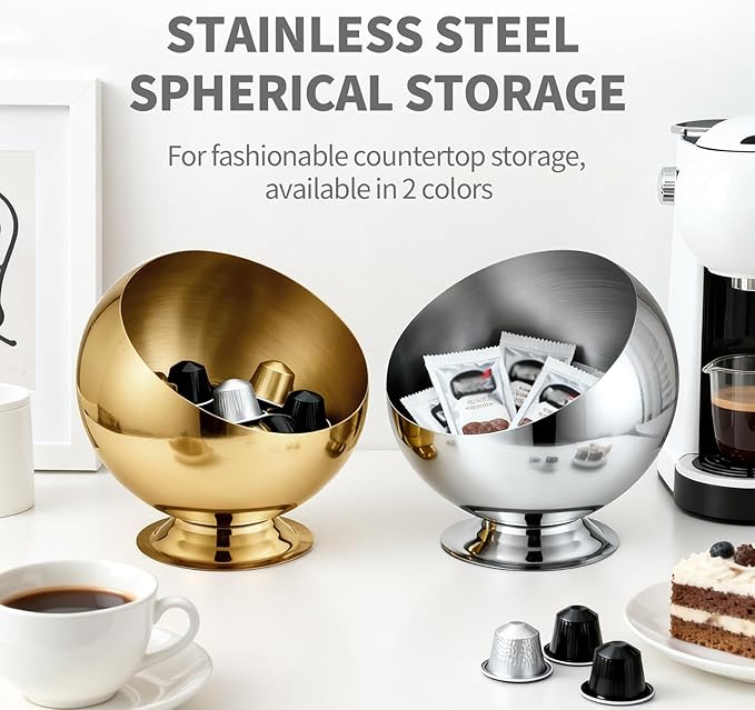 Coffee Pod Holder - Large Capacity Metal K Cup serve for Nespresso Pod Storage Container with Gold Finish, Multi-Use Creamer & Candy Bowl for Countertop, Coffee Bar Accessories(Gold)