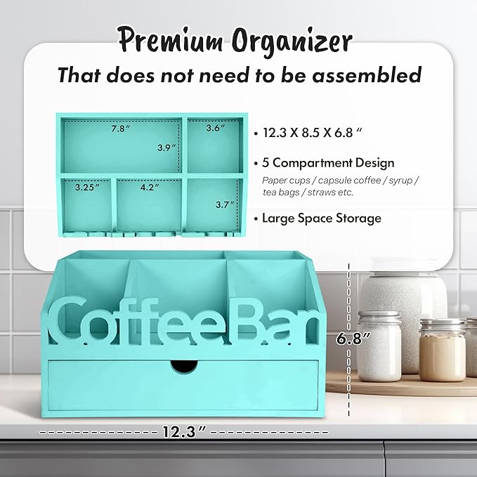 Coffee Bar Organizer for Countertop – Wooden Coffee Station, Tea and K Cup, Condiment Storage Rack, Coffee Pod Holder for Home and Office Counter Organization (Drawer - Turquoise)