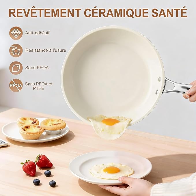 9.25 Inch Ceramic Nonstick Frying Pan with lid Skillet - PFAS-Free, Non-Toxic, Oven Safe & Induction Ready, Aluminum Cookware with Stainless Steel Handle