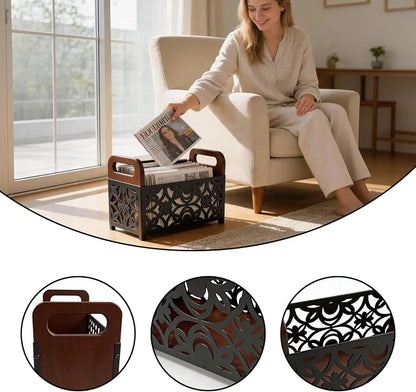 Magazine Holder Floor, Magazine Holder – Wooden & Metal Decorative Magazines Rack, Freestanding Newspaper & Book Storage Organizer for Living Room, Bedroom, and Office