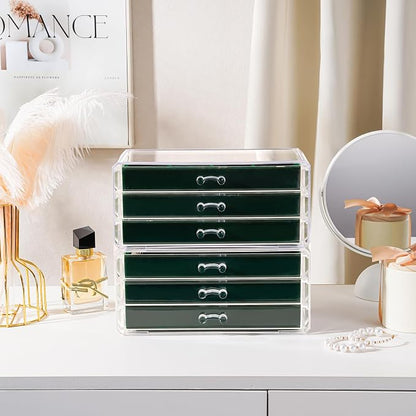 Lolalet Earring Holder Organizer Box Jewelry Storage with 6 Drawers, Clear Acrylic Stackable Earring Case with Adjustable Velvet Trays for Women on Dresser Vanity -Emerald, 6 Layers
