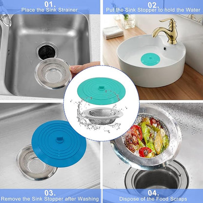 V-TOP Kitchen Drain Strainer Stopper 4 Pack, Universal 6 Inch Silicone Plug Anti-Clogging Stopper Cover, 4.5 Inch Stainless Steel Basket Strainer Food and Hair Catcher