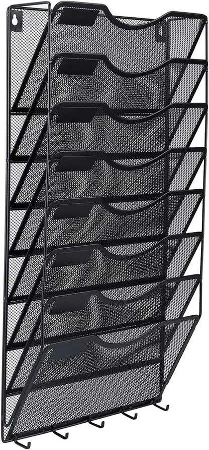 EasyPAG 8 Pocket Mesh Wall File Organizer with Key Hooks, Hanging Paper Folder Holder with Classify Label, Vertical Wall Mount Mail Organizer for Office Home Classroom, Black