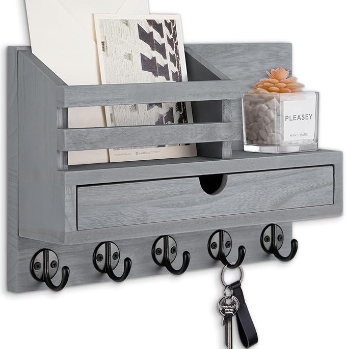 Key Holder Wall Mount, Mail Holder with Storage Drawer and 5 Key Hooks for Coat, Dog Leash, Home Decor Rack, House Accessories, Entry Way Organizer (Gray)