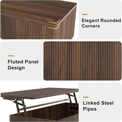 FABATO Mid Century Modern Coffee Table, Wooden Fluted Center Table with Large Hidden Compartment, 41.7” Rectangle with Round Corners, Lift Up Farmhouse Wood Table for Living Room, Home Office, Walnut