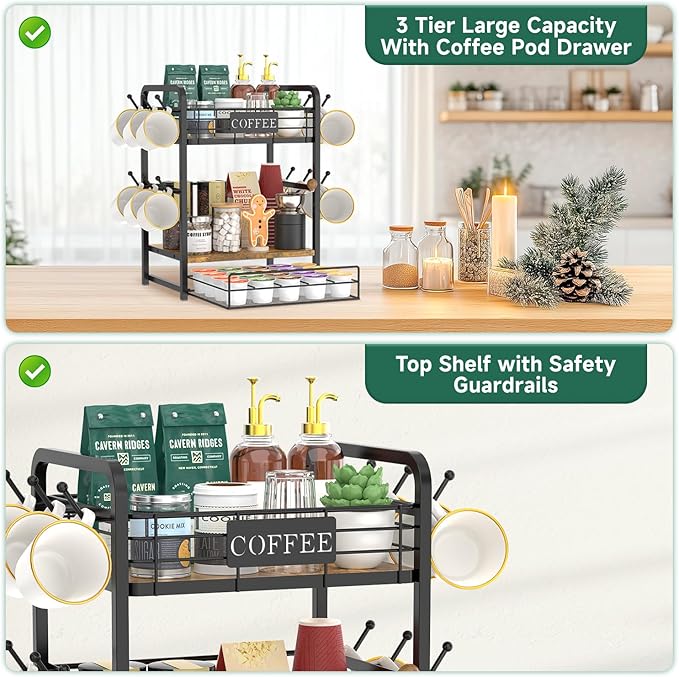 EsLuker.ly Coffee Bar Organizer Station Shelf Mug Holder, 3 Tier Coffee Cup Stand Rack for Countertop with 12 Hooks, K Cup Pod Organizer Drawer for Home Office, Keeps Essentials Tidy & Accessible