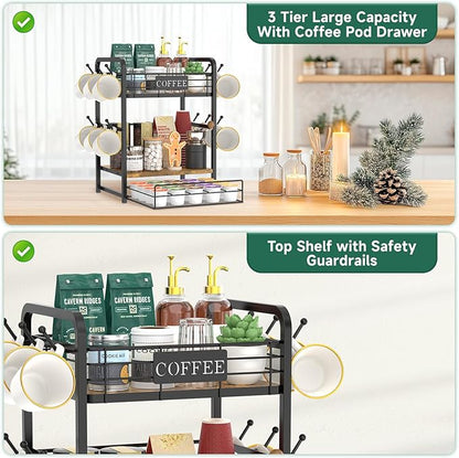EsLuker.ly Coffee Bar Organizer Station Shelf Mug Holder, 3 Tier Coffee Cup Stand Rack for Countertop with 12 Hooks, K Cup Pod Organizer Drawer for Home Office, Keeps Essentials Tidy & Accessible