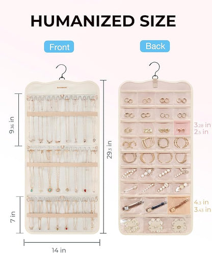 BAGSMART Hanging Jewelry Organizer Storage with Hanger Metal Hooks Double-Sided Jewelry Holder for Earrings, Necklaces, Rings on Closet, Wall, Door, 1 piece Large Beige