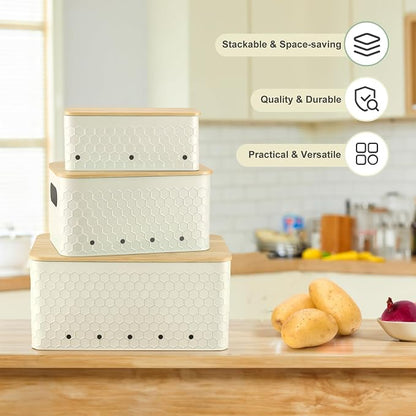 Kitchen Vegetable Storage Set of 3, Metal Onion Garlic Potato Storage Set, Kitchen Canisters Vegetable Keeper Containers with Aerating Holes and Bamboo Lid,Embossed Beige