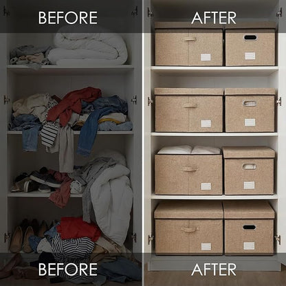 PRANDOM Storage Bins with Lids [3-Pack] Jute Fabric Foldable Storage Boxes Organizer Containers Baskets Cube with Cover for Home Bedroom Closet Office Nursery khaki（23.4X15.9X11.5