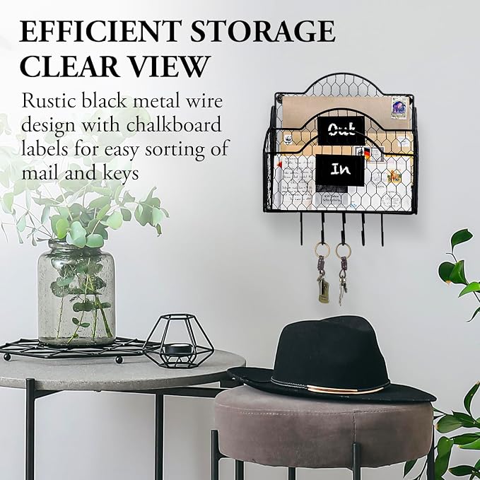 MyGift 2 Compartment Mail Inbox/Outbox Sorter, Wall Mounted Modern Black Metal Wire Entryway Organizer Basket for Mails, Bills and Office Supplies with Chalkboard Labels and 5 Hanging Key Hooks