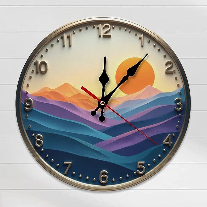 Wall Clock， Sunset Landscape Non Ticking Wall Clocks Battery Operated， Gold Wooden Wall Clocks for Kitchen， Living Room， Bedroom， Office， Bathroom Decorative 25 * 25cm