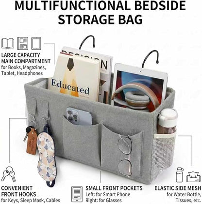 1pc Bedside Caddy Organizer with Hooks, No-Sagging Canvas Hanging Bed Pocket with Water Bottle Holder, Bedside Storage for Dorm Room Essentials, Bunk Bed Accessories, Hospital Bed Rails & Crib (white)