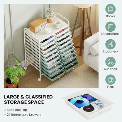 Giantex 20 Drawers Rolling Cart, Mobile Storage Drawer Cart, Classroom Organizer Cart for Office School Supplies Tools Scrapbook Paper Craft Small Printer, Utility Cart on Wheels, Green Gradient